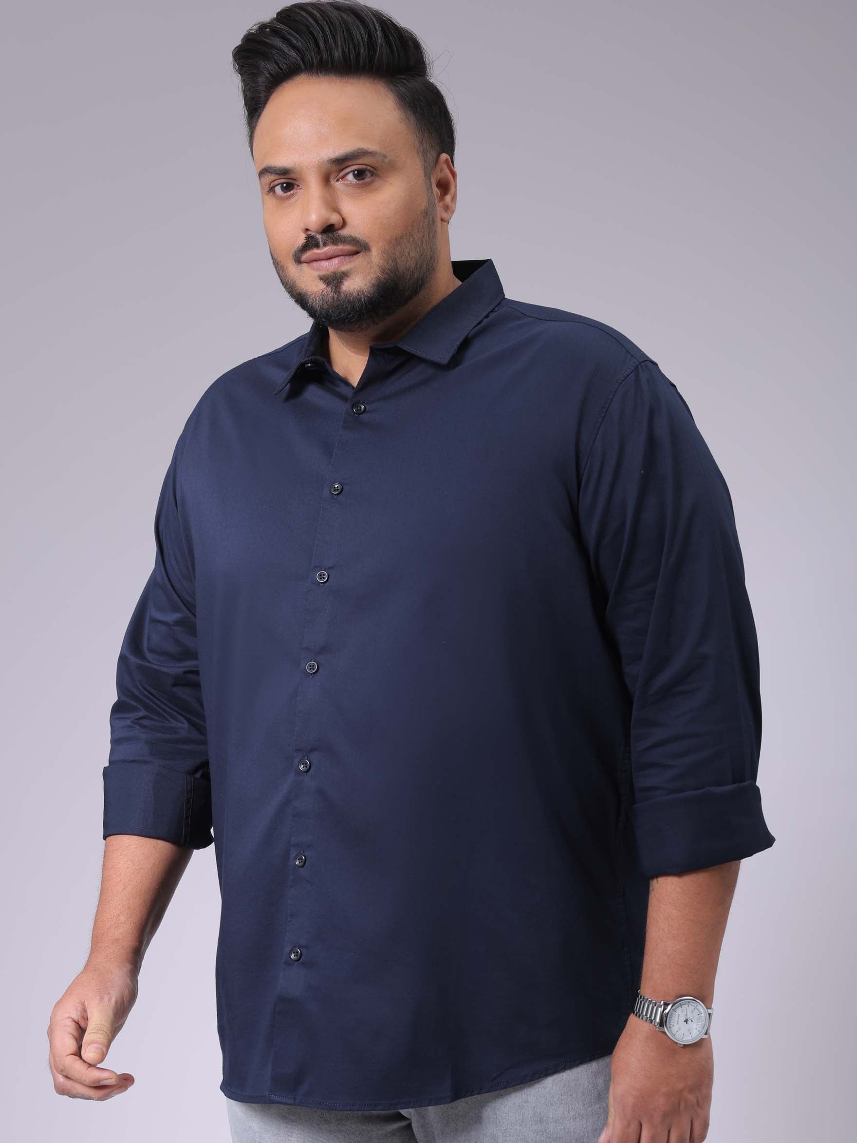 Men's Plus Size Navy Blue Regular Fit Solid Casual Shirt