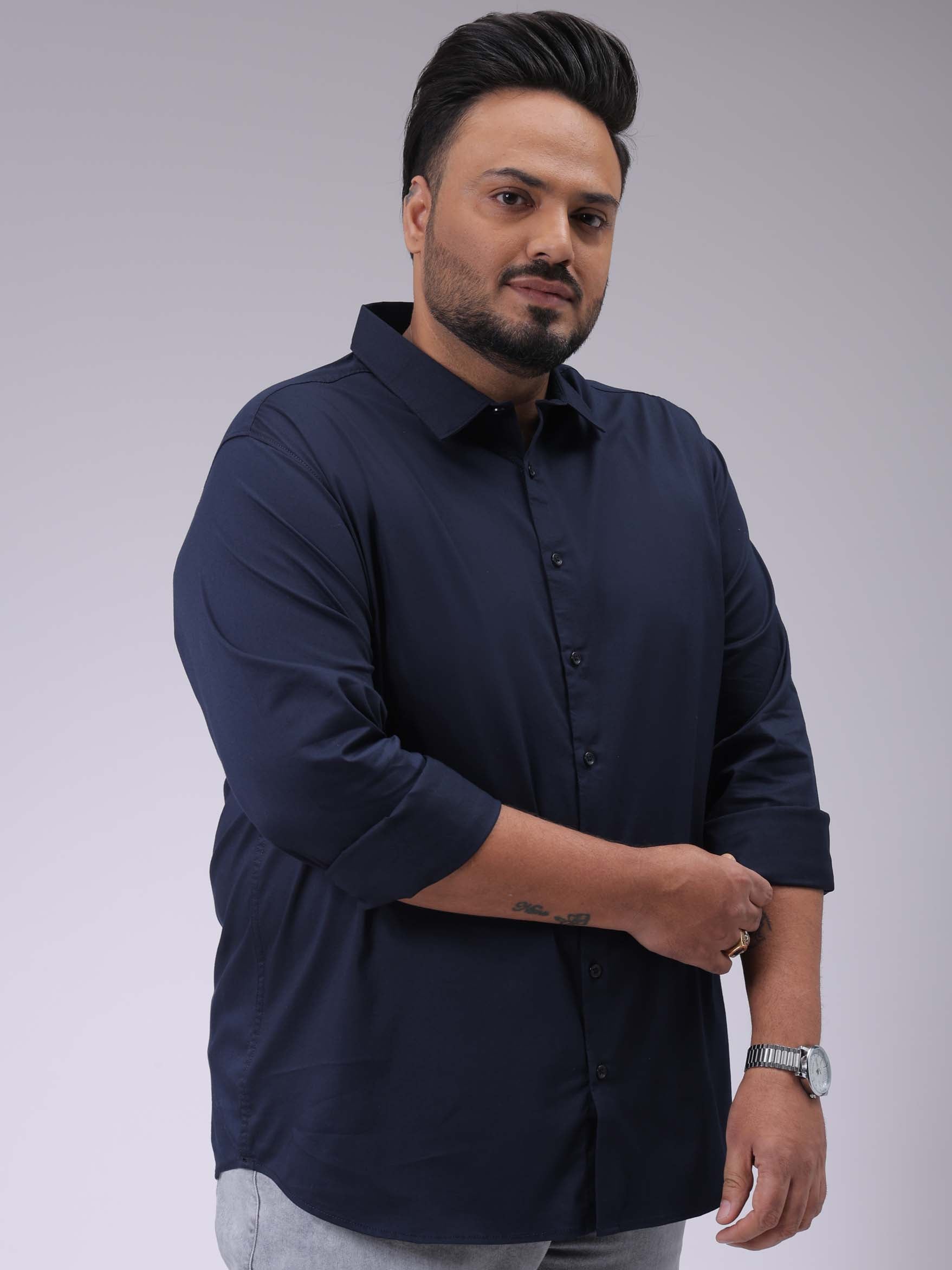 Men's Plus Size Navy Blue Regular Fit Solid Casual Shirt