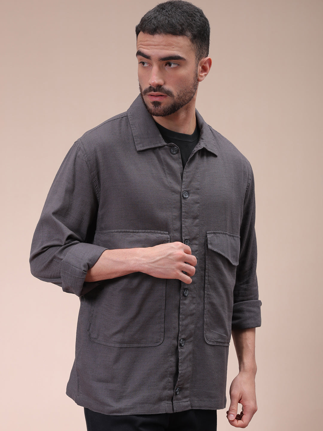 Men's Charcoal Regular Fit Solid Overshirt