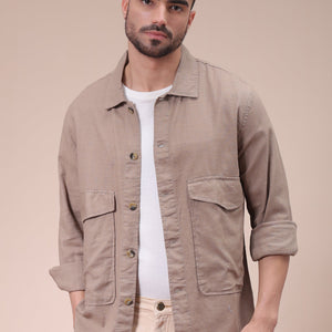 Men's Beige Regular Fit Solid Overshirt
