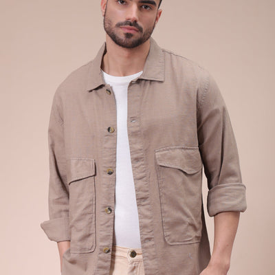 Men's Beige Regular Fit Solid Overshirt