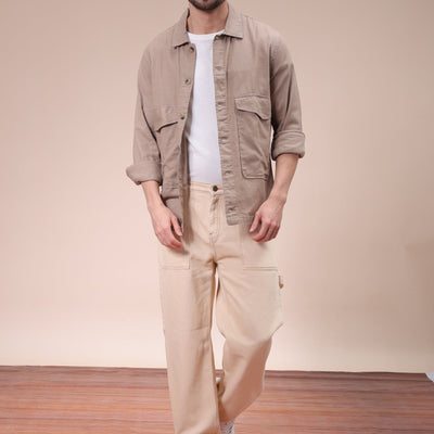 Men's Beige Regular Fit Solid Overshirt