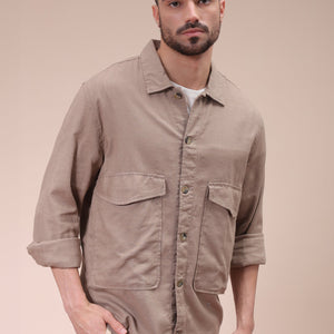 Men's Beige Regular Fit Solid Overshirt