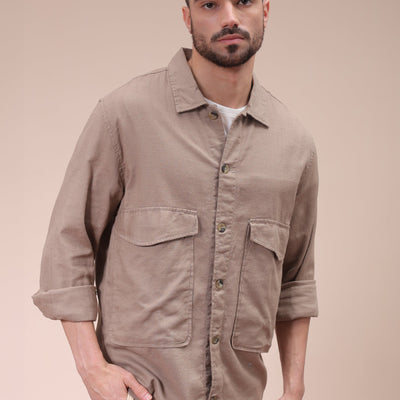 Men's Beige Regular Fit Solid Overshirt