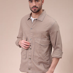 Men's Beige Regular Fit Solid Overshirt
