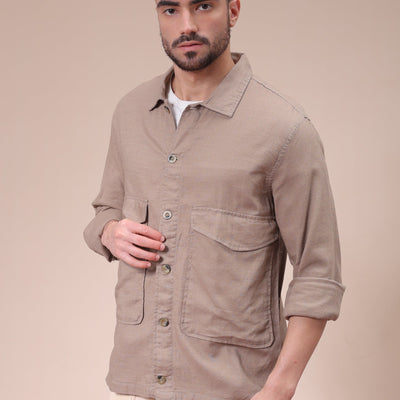 Men's Beige Regular Fit Solid Overshirt