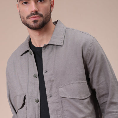 Men's Grey Regular Fit Solid Overshirt