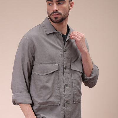 Men's Grey Regular Fit Solid Overshirt