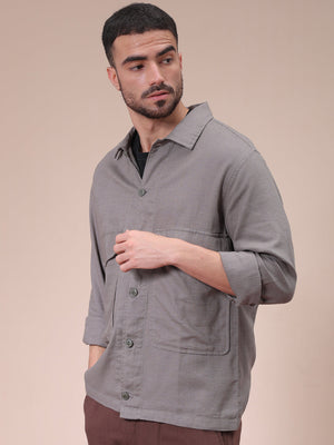 Men's Grey Regular Fit Solid Overshirt