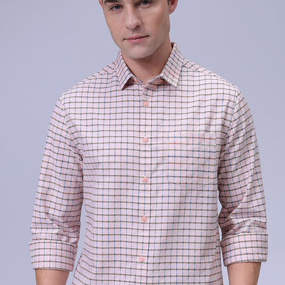 Men's Orange Slim Fit Checkered Textured Casual Shirt