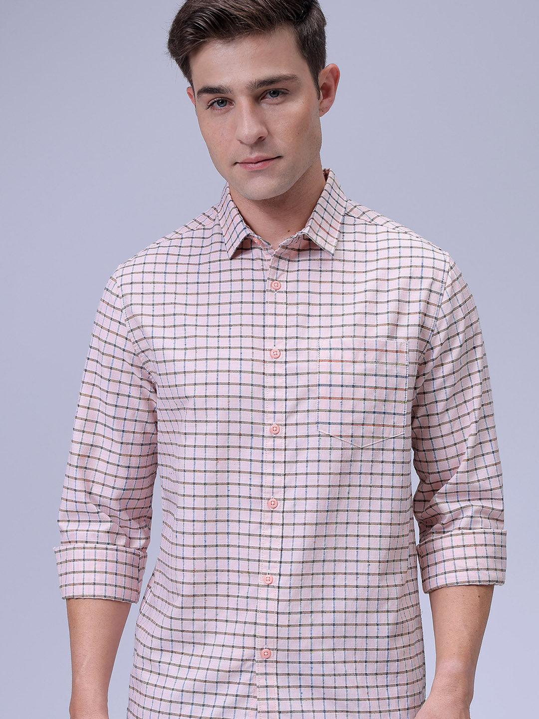 Men's Orange Slim Fit Checkered Textured Casual Shirt