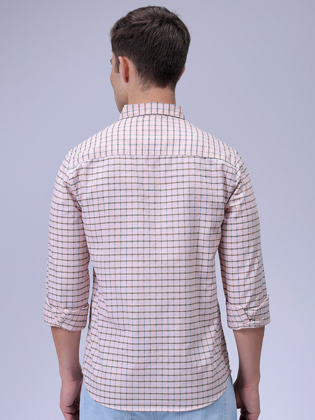 Men's Orange Slim Fit Checkered Textured Casual Shirt