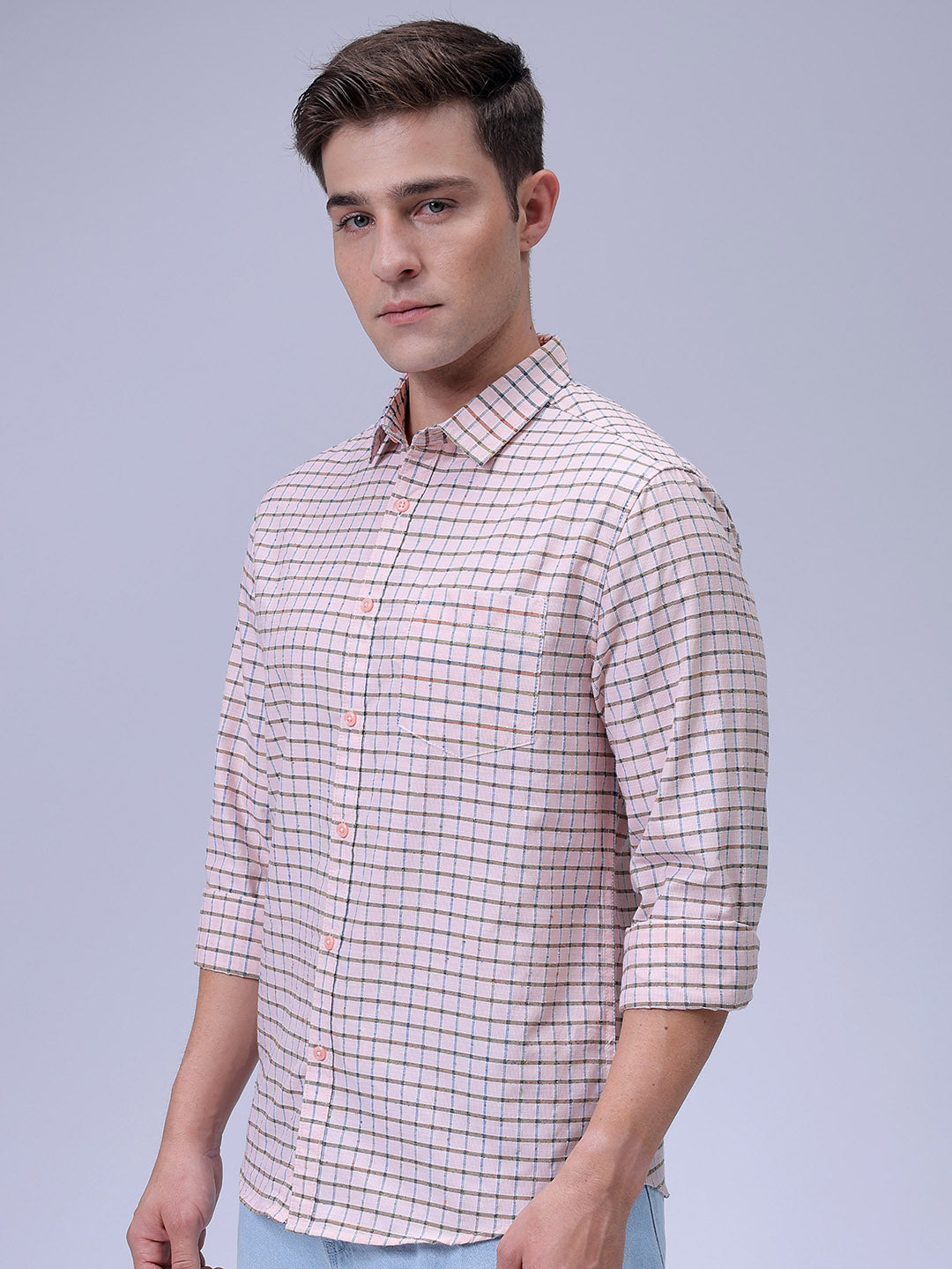 Men's Orange Slim Fit Checkered Textured Casual Shirt