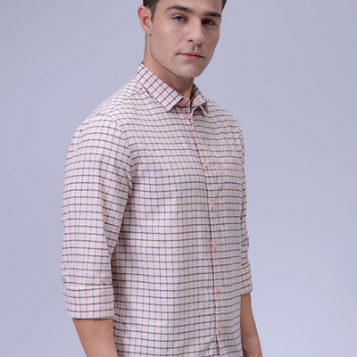 Men's Orange Slim Fit Checkered Textured Casual Shirt