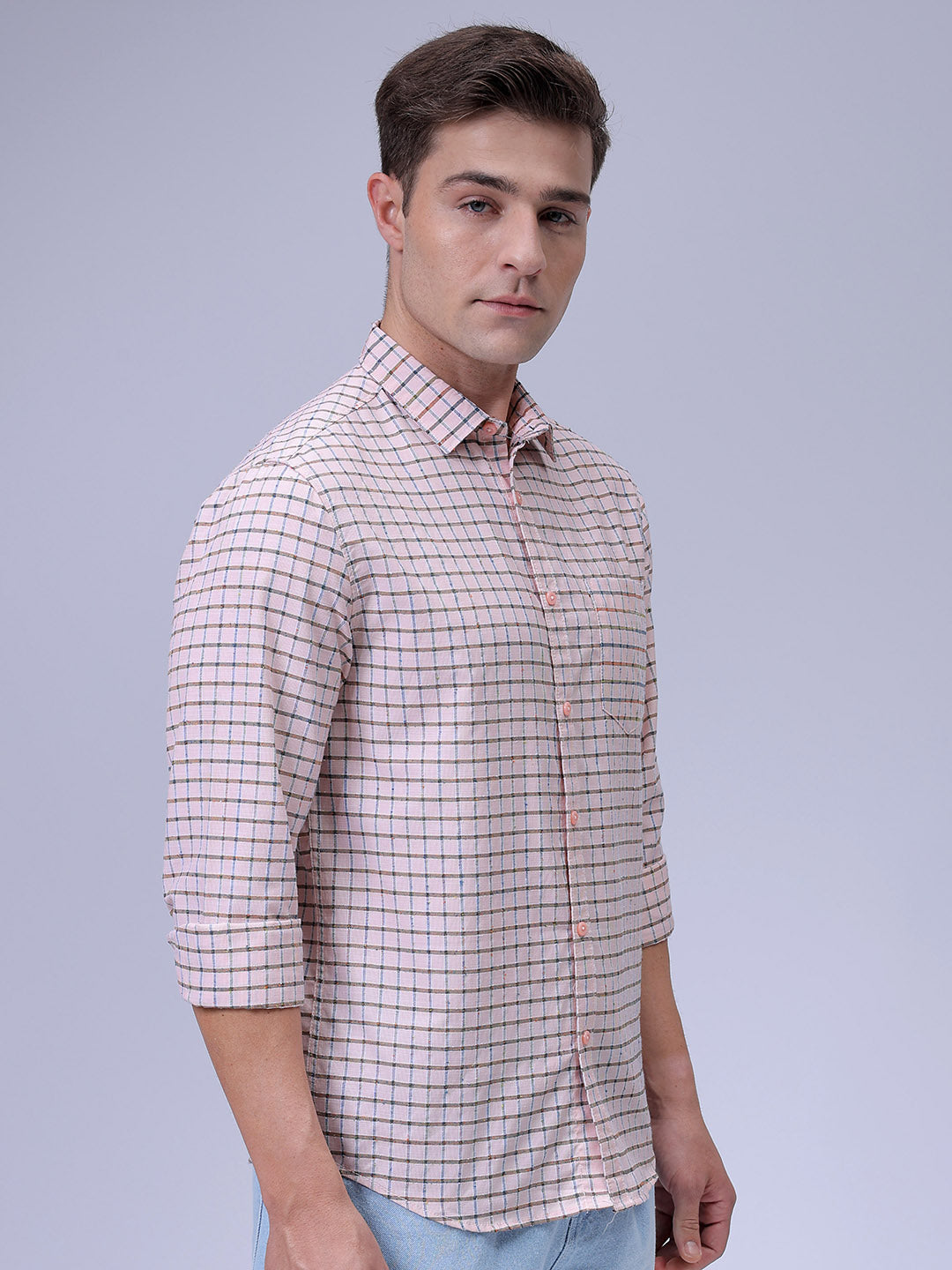 Men's Orange Slim Fit Checkered Textured Casual Shirt