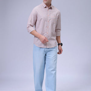 Men's Orange Slim Fit Checkered Textured Casual Shirt