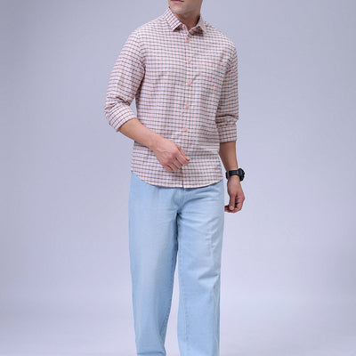 Men's Orange Slim Fit Checkered Textured Casual Shirt