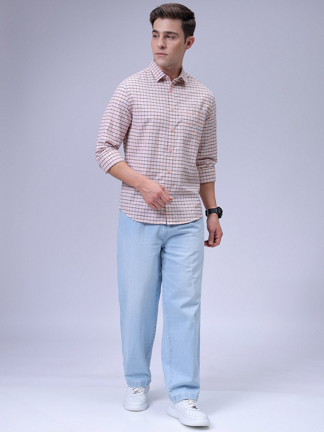 Men's Orange Slim Fit Checkered Textured Casual Shirt