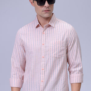 Men's Orange Slim Fit Striped Textured Casual Shirt