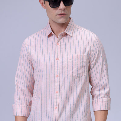 Men's Orange Slim Fit Striped Textured Casual Shirt