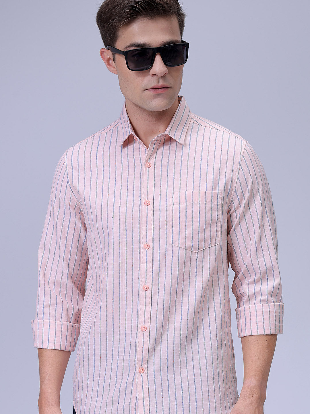 Men's Orange Slim Fit Striped Textured Casual Shirt