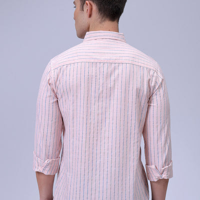Men's Orange Slim Fit Striped Textured Casual Shirt