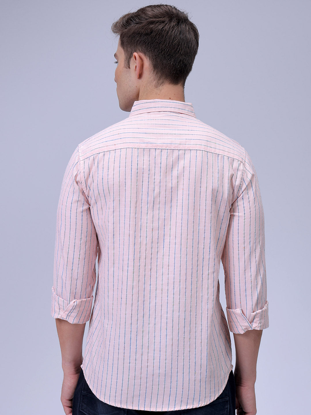 Men's Orange Slim Fit Striped Textured Casual Shirt