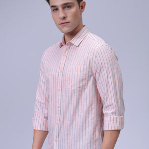 Men's Orange Slim Fit Striped Textured Casual Shirt