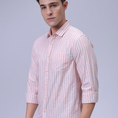 Men's Orange Slim Fit Striped Textured Casual Shirt