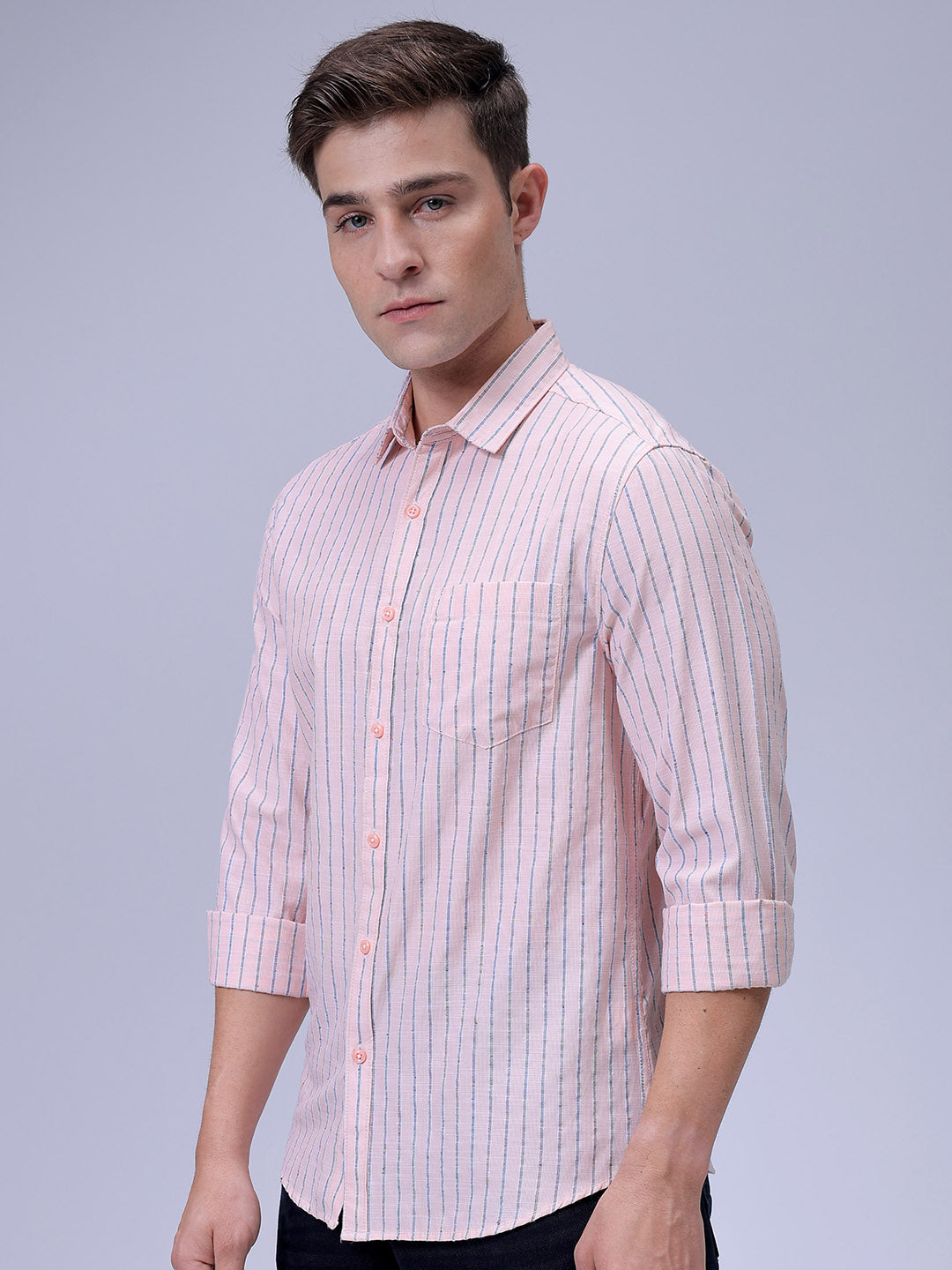 Men's Orange Slim Fit Striped Textured Casual Shirt