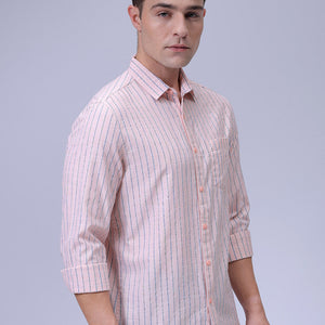 Men's Orange Slim Fit Striped Textured Casual Shirt