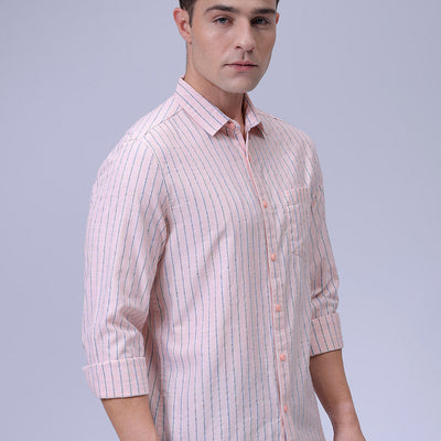 Men's Orange Slim Fit Striped Textured Casual Shirt