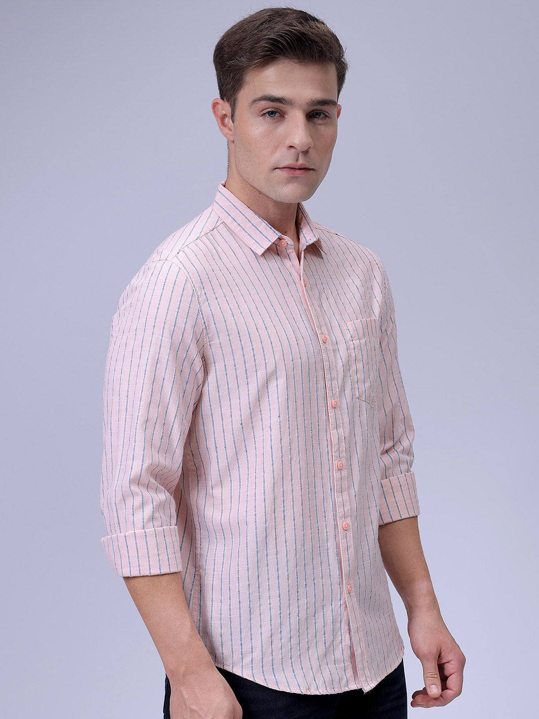Men's Orange Slim Fit Striped Textured Casual Shirt