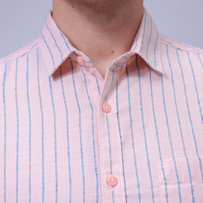 Men's Orange Slim Fit Striped Textured Casual Shirt