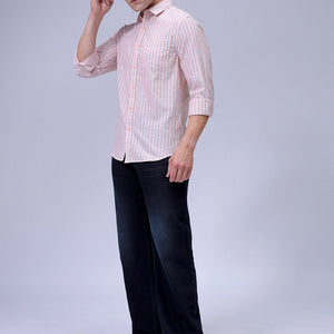 Men's Orange Slim Fit Striped Textured Casual Shirt