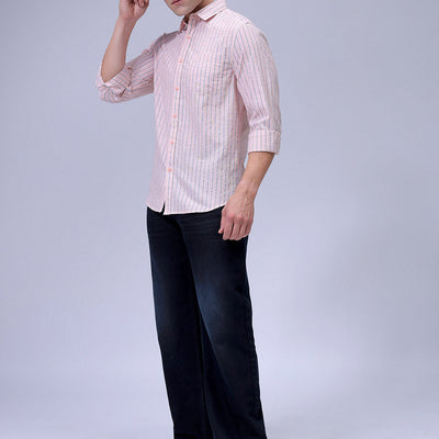 Men's Orange Slim Fit Striped Textured Casual Shirt