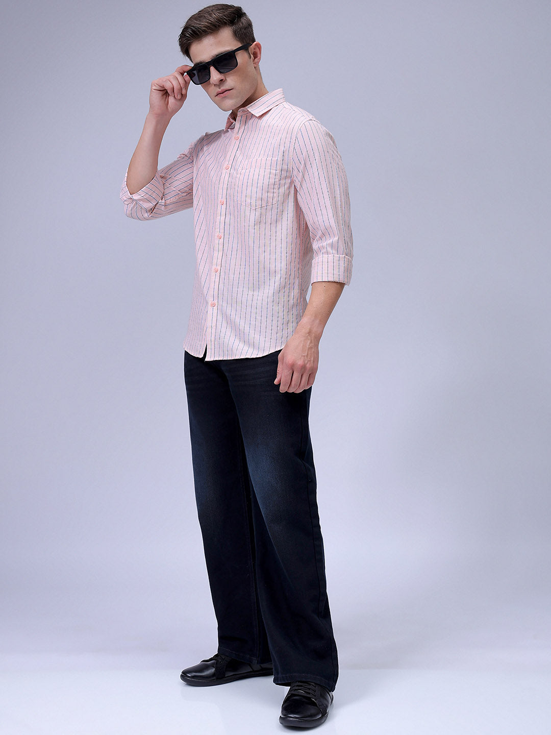 Men's Orange Slim Fit Striped Textured Casual Shirt