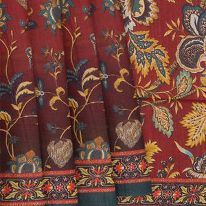 Rust Handwoven Tussar Printed Silk Saree With Floral Vine Motifs-Rust