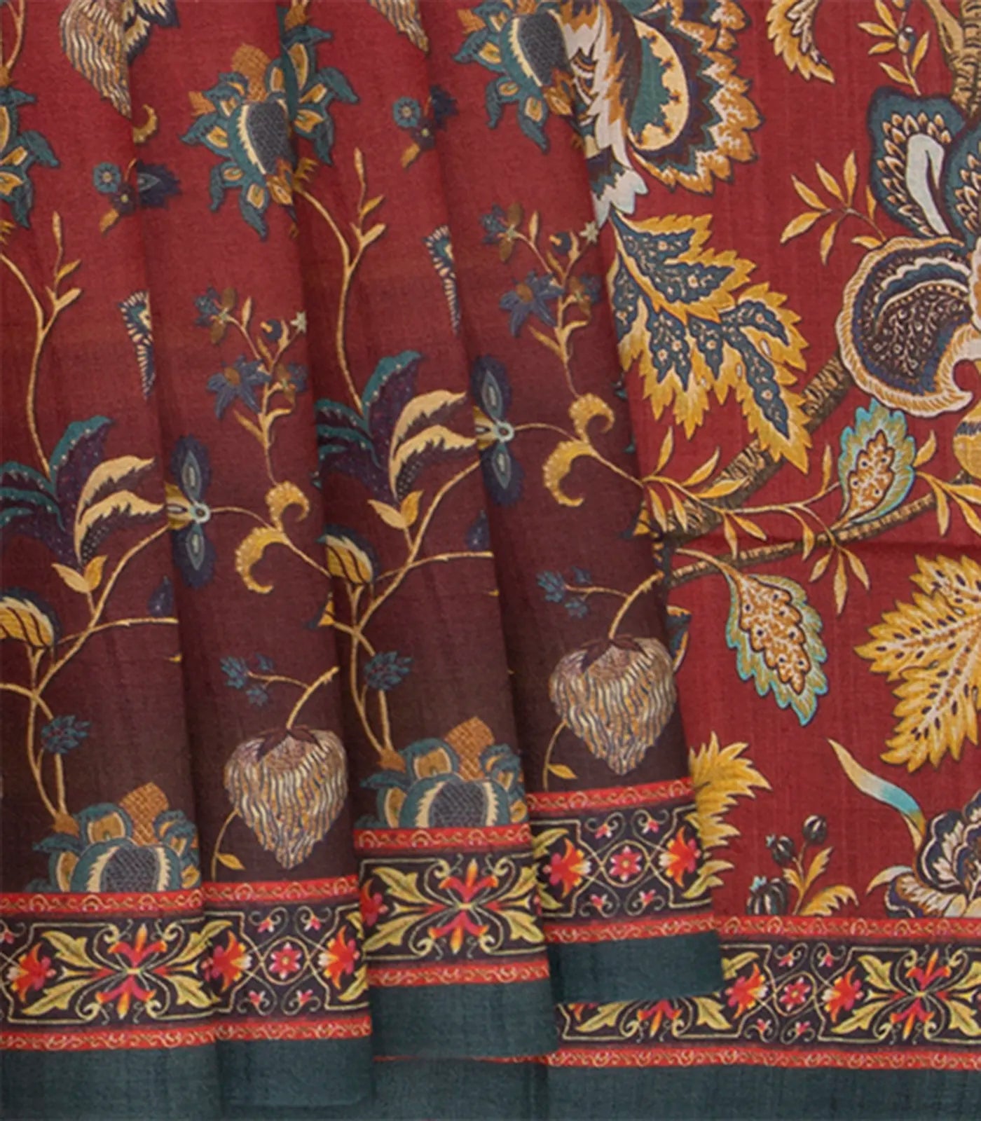 Rust Handwoven Tussar Printed Silk Saree With Floral Vine Motifs-Rust