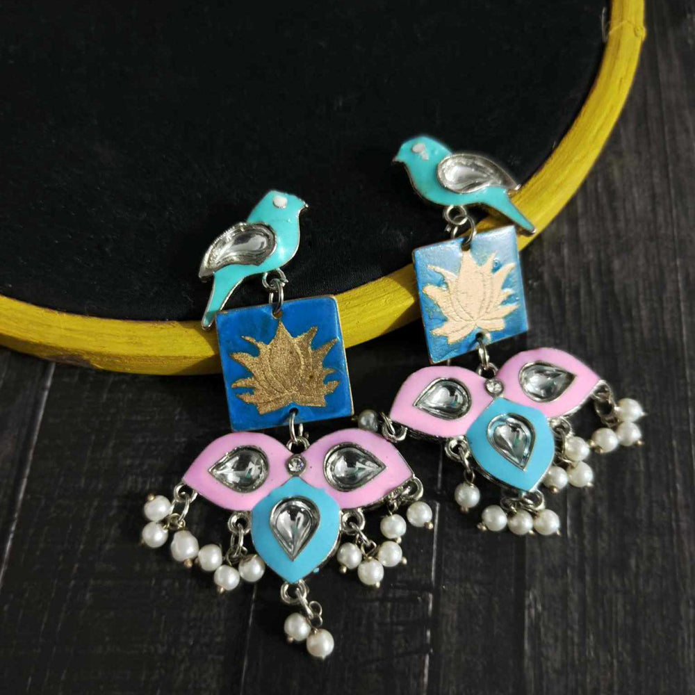 Bindurekha Brass Etched Hand Painted and German Silver Kundan Studs