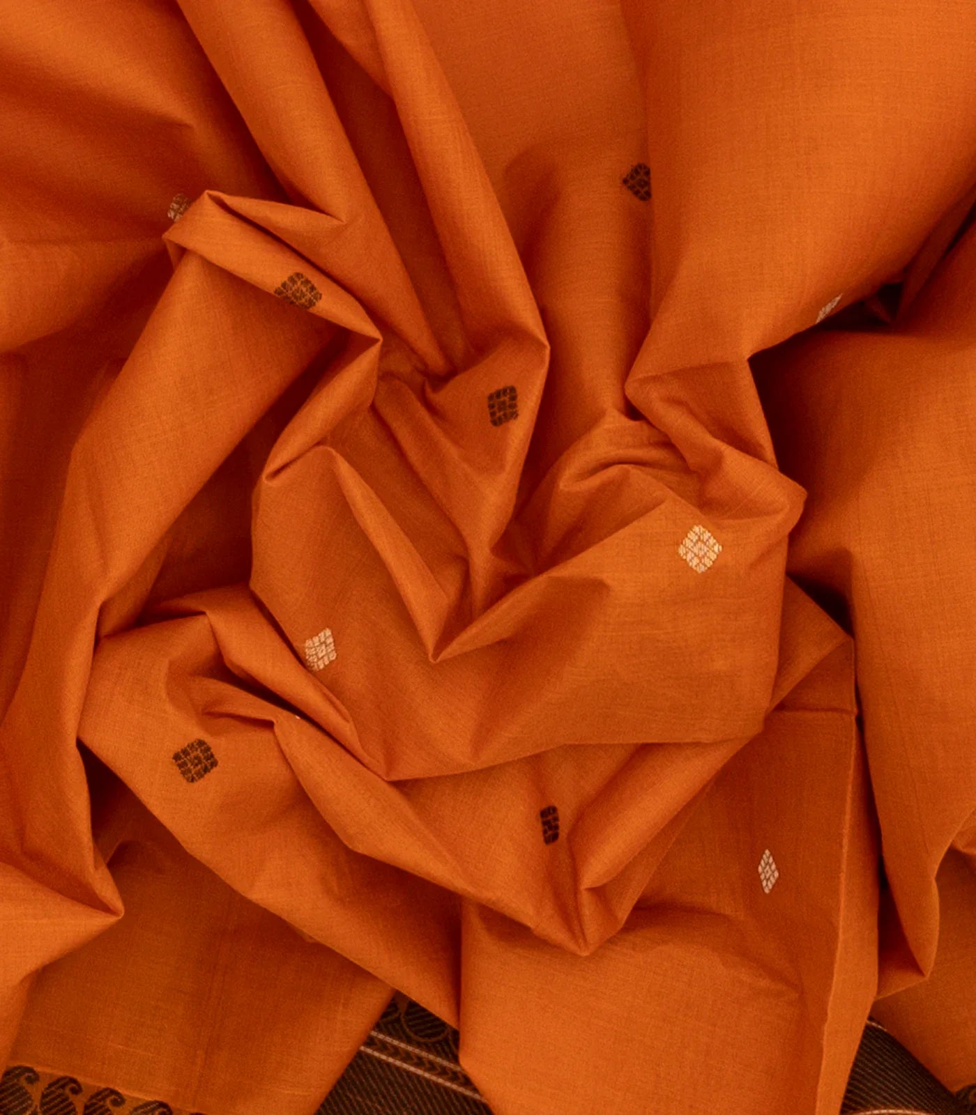 Orange Handloom Kanchi Cotton Saree With Diamond Motifs