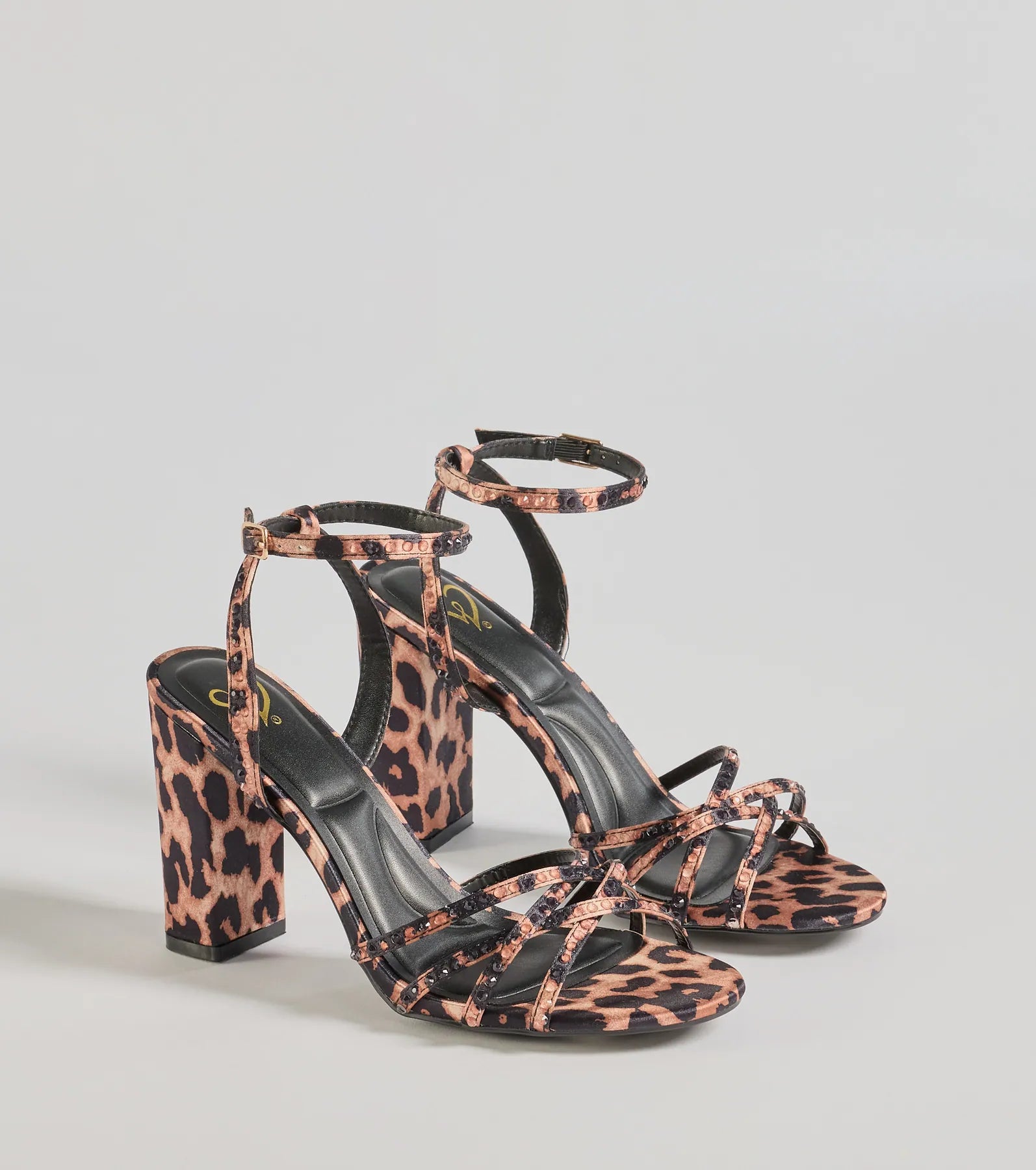 Sassy Rhinestone Strappy Leopard Print Block Heels