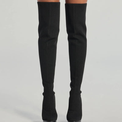 Slay On Thigh-High Ribbed Knit Platform Boots