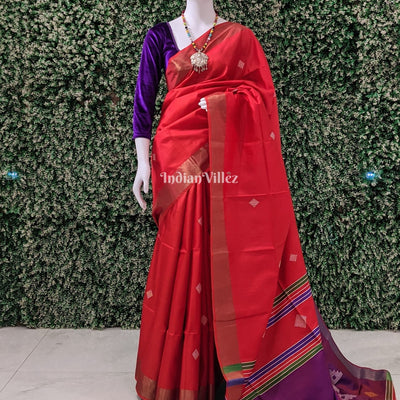 Reddish Orange Purple Handwoven Bishnupuri Silk Saree