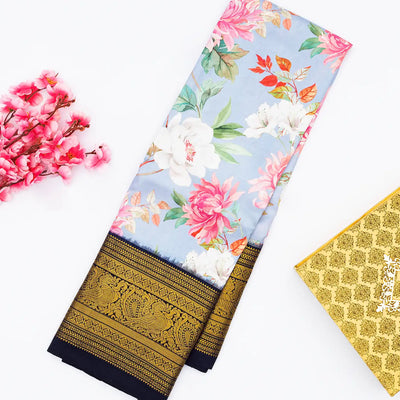 Light Blue Handloom Kanchipuram Korvai Silk Saree Printed With Floral Motifs