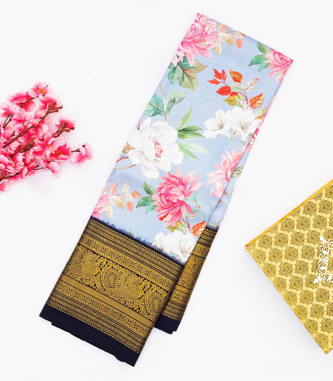 Light Blue Handloom Kanchipuram Korvai Silk Saree Printed With Floral Motifs