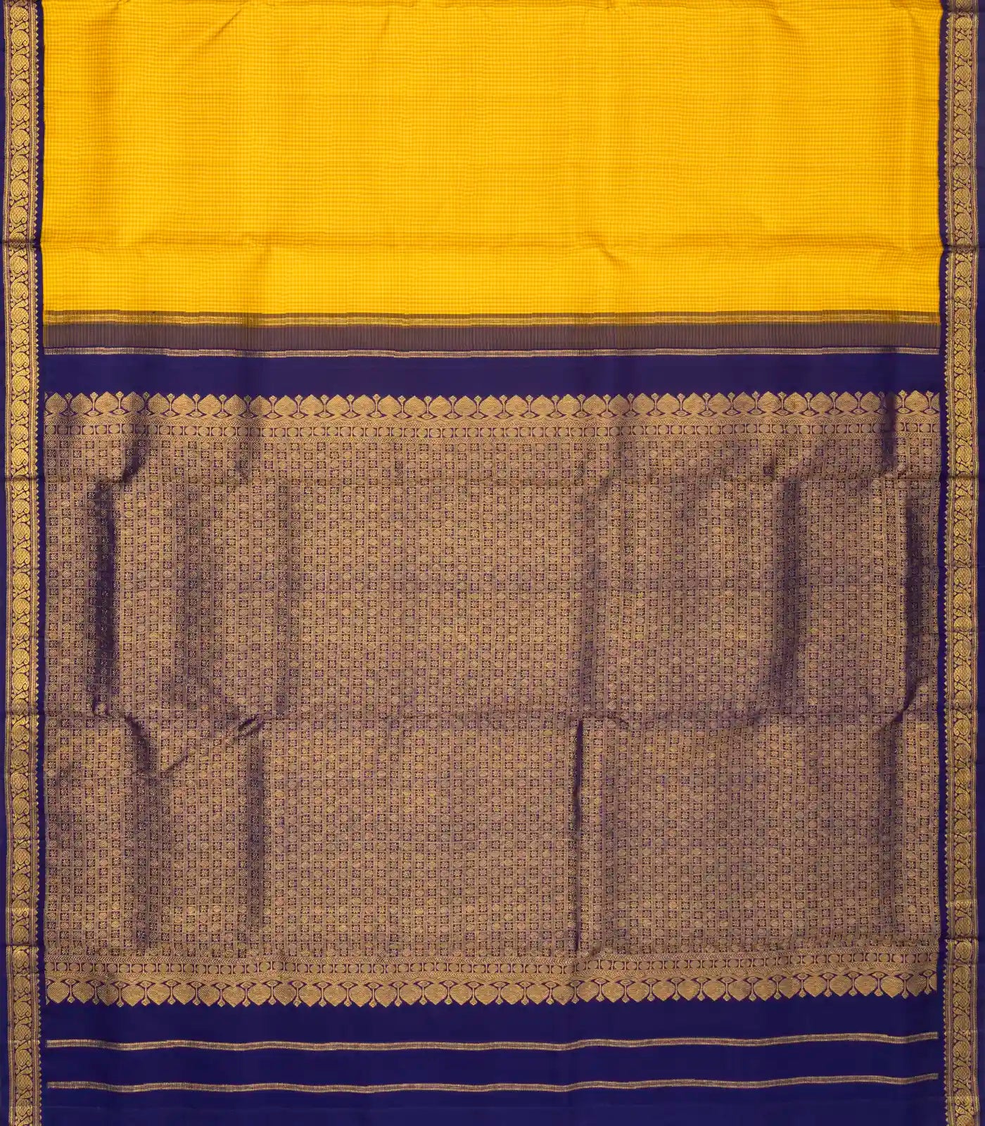 Yellow Handloom Kanchipuram Korvai 9 Yards Silk Saree With Checks