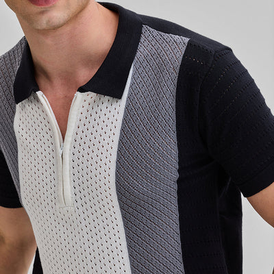 White Colourblocked Zipper Polo T-Shirt