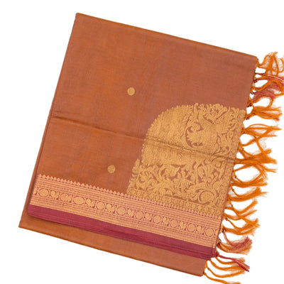 Peach Handloom Silk Cotton Saree With Peacock Corner Buttas