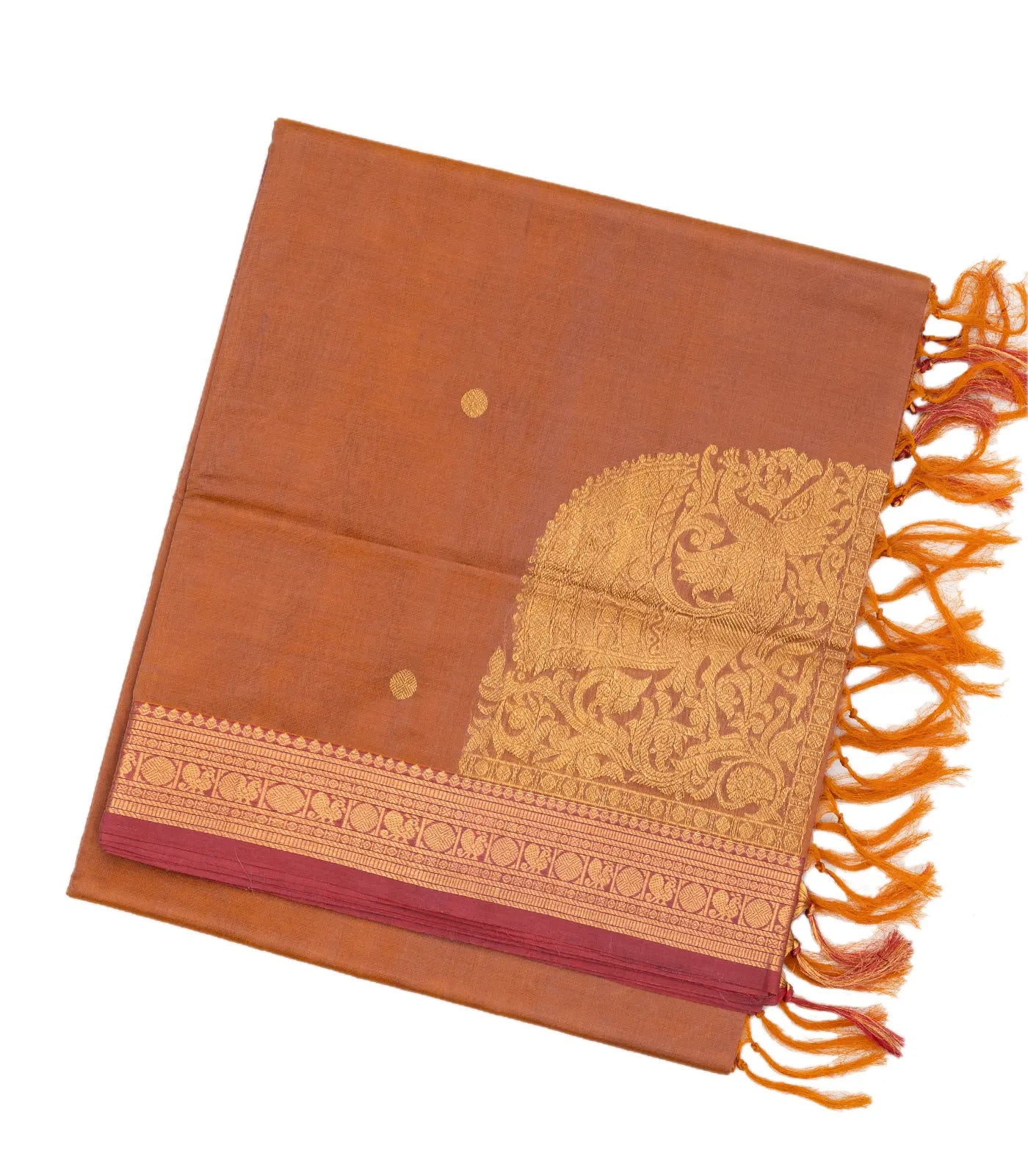 Peach Handloom Silk Cotton Saree With Peacock Corner Buttas